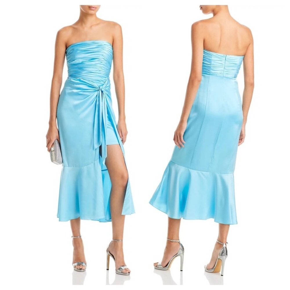 cinq a sept Strapless Aqua Satin Midi Dress with Side Knot